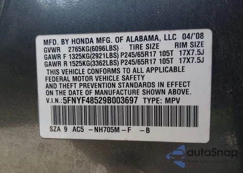 2009 Honda Pilot Ex-L z USA, uszkodzony, nr VIN 5FNYF48529B003697